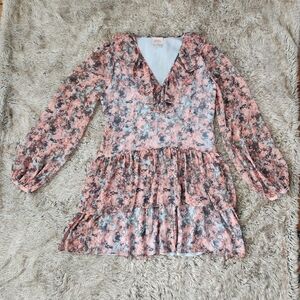 Marchesa Rose Notte Lace Mini Dress Long Sleeve Tiered Floral Women's Size Large